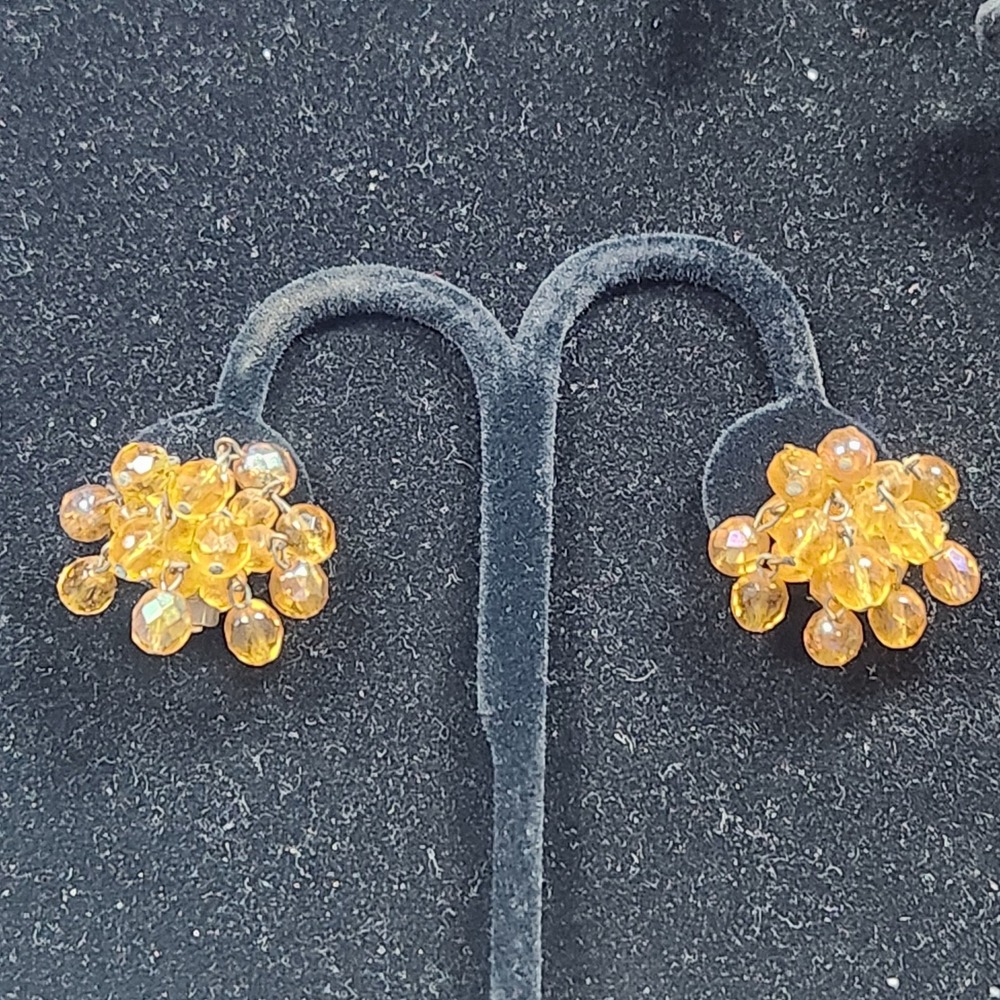 Vintage West Germany‎ Amber Glass Bead Cluster Clip On Earrings Iridescent AB